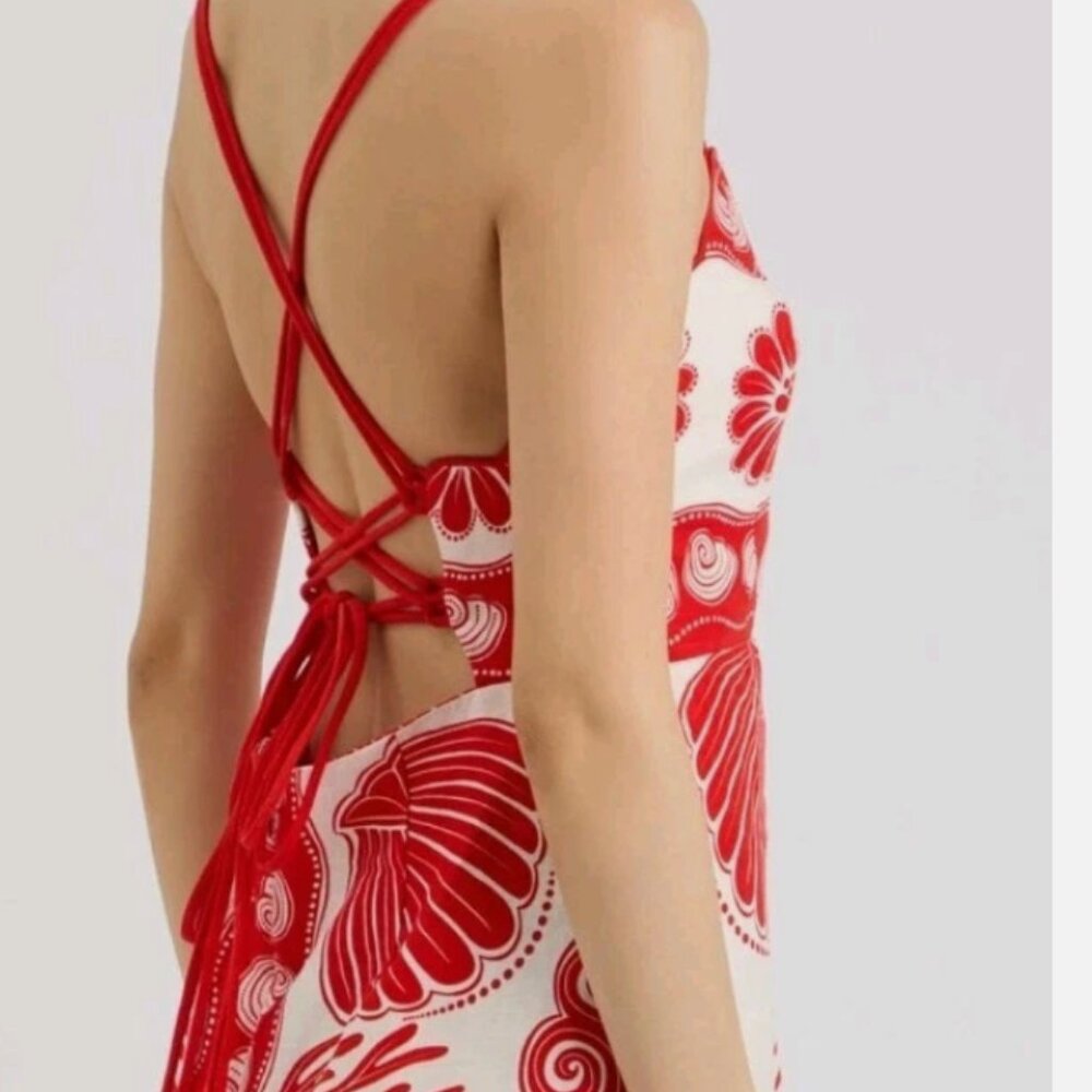 Farm Rio Red white ainika shell premium linen mini dress S 190 - Picture 2 of 3